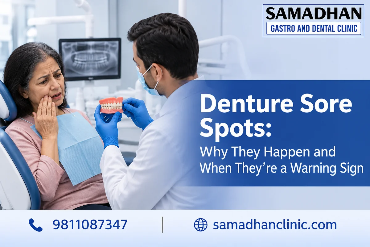 Dentist in Dwarka showing a denture to a patient with gum soreness